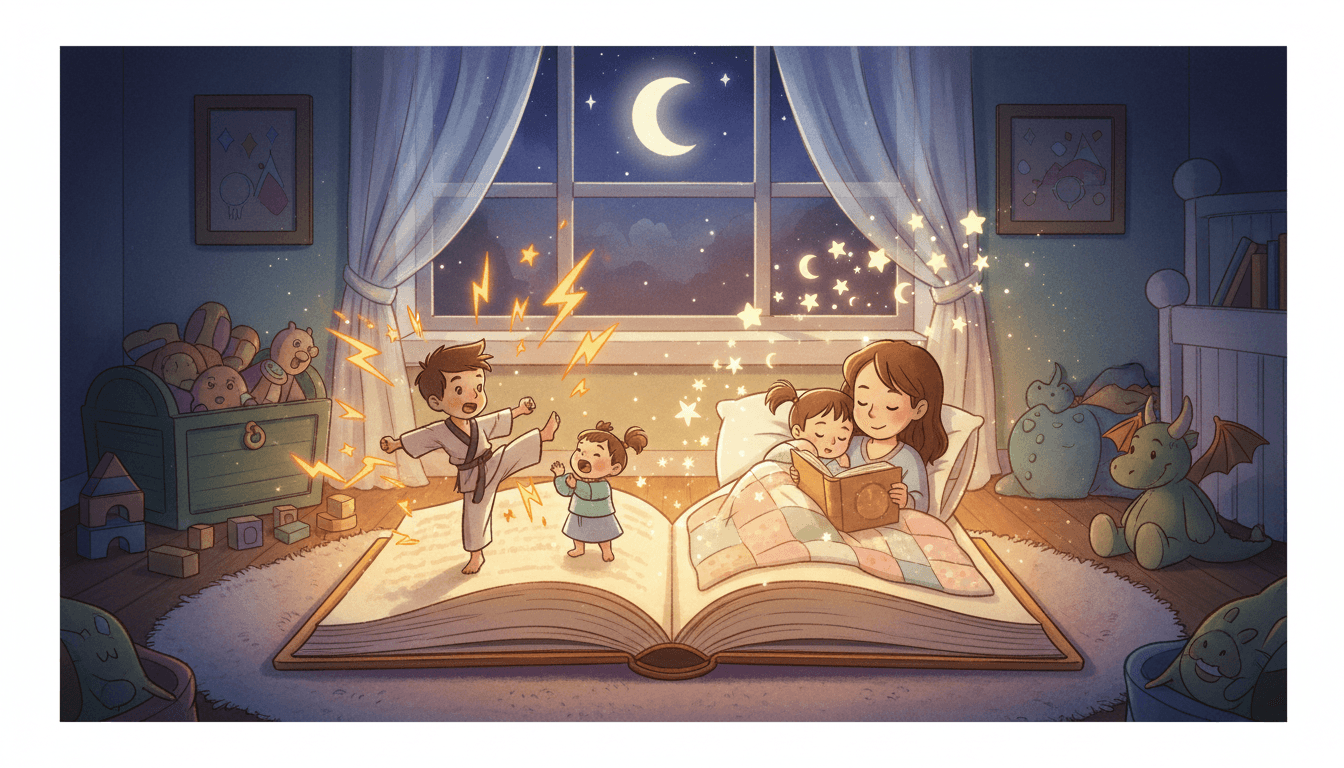 Scenă de dormitor primitoare cu o carte de povești magică deschisă, ilustrând contrastul dintre energia zilei și liniștea serii: siluete de copii activi care se transformă în copii care ascultă liniștiți o poveste citită de mama lor sub o lumină caldă de chihlimbar.