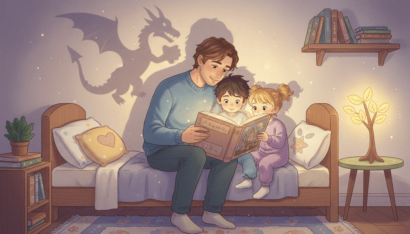 Un padre legge un libro illustrato luminoso ai suoi due figli piccoli in una camera da letto accogliente, creando un'ombra cinese a forma di drago sulla parete.