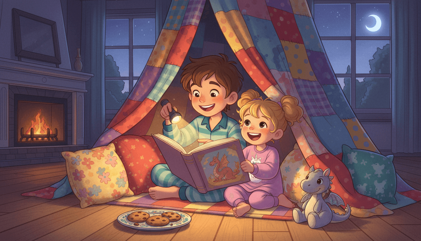 Two young children reading a picture book inside a cozy blanket fort built from colorful sheets and pillows in a living room at dusk, illuminated by a warm flashlight glow. An 8-year-old boy points to a page as a 3-year-old girl laughs, with a plate of chocolate chip cookies and a toy dragon nearby.