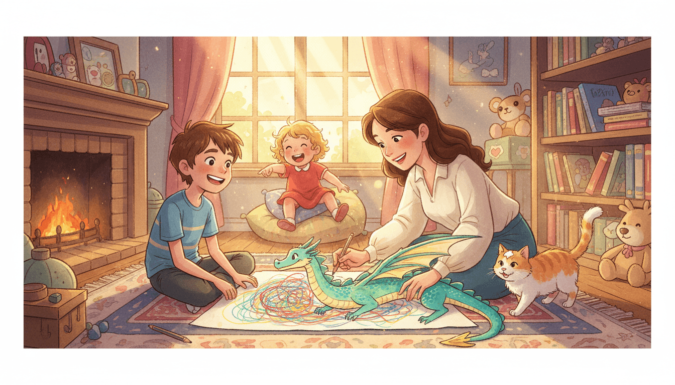 Une mère et son fils de 8 ans assis sur un tapis dans un salon chaleureux, transformant un gribouillage coloré en aile de dragon à l'aide d'un crayon, tandis qu'une petite fille rit à l'arrière-plan et qu'un chat marche près d'eux.