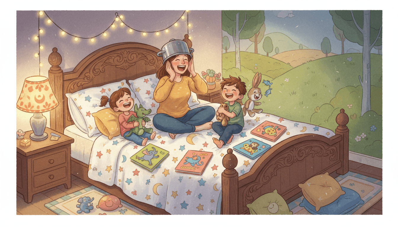 Uma cena aconchegante de quarto à noite, onde uma mãe e seus dois filhos riem juntos na cama. A mãe usa uma panela na cabeça e faz uma careta engraçada, enquanto as crianças rolam sobre o edredom com alegria. Livros ilustrados coloridos estão espalhados pela cama sob uma luz dourada e calorosa.