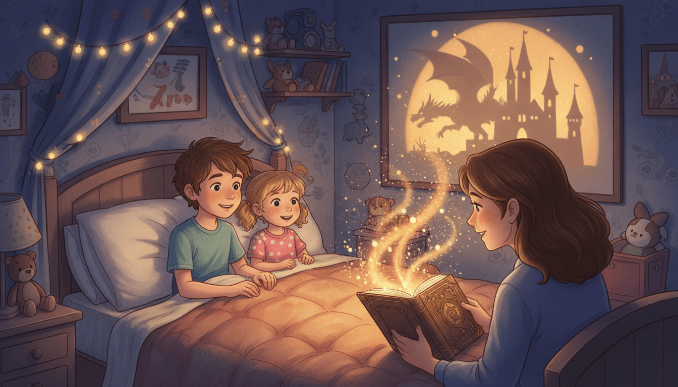 Une chambre d'enfant douillette la nuit avec une mère lisant un livre magique à son fils et sa fille, lueur dorée s'échappant du livre et ombre de dragon sur le mur.