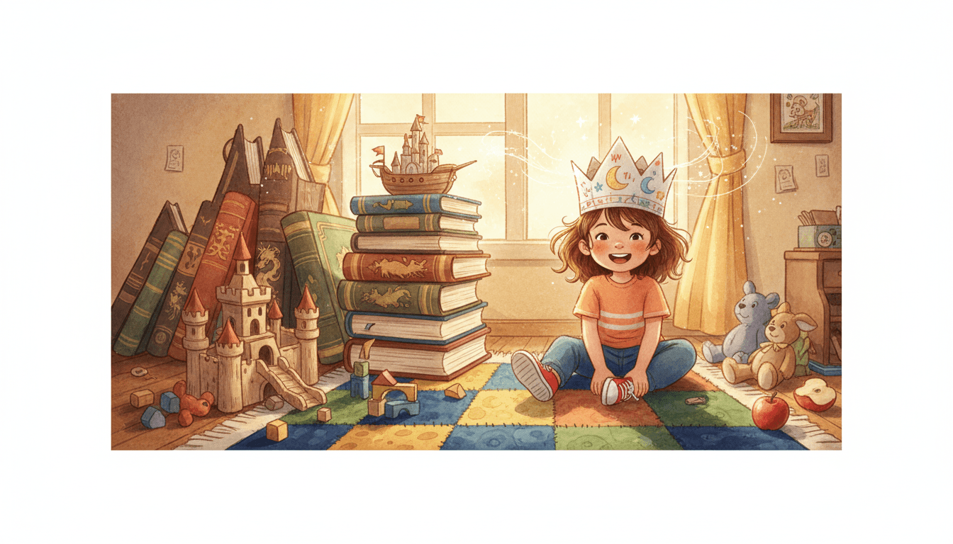 Whimsical painterly illustration of a creative 3-year-old girl in a paper crown sitting on a colorful rug, wearing sneakers on the wrong feet next to a giant wooden toy castle in a cozy sunlit room.
