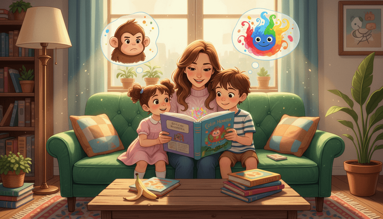 A mother reads a colorful picture book to her young son and daughter on a cozy sofa, with whimsical thought bubbles showing a Grumpy Monkey and a vibrant Color Monster floating above the children's heads in a warm, sunlit living room.
