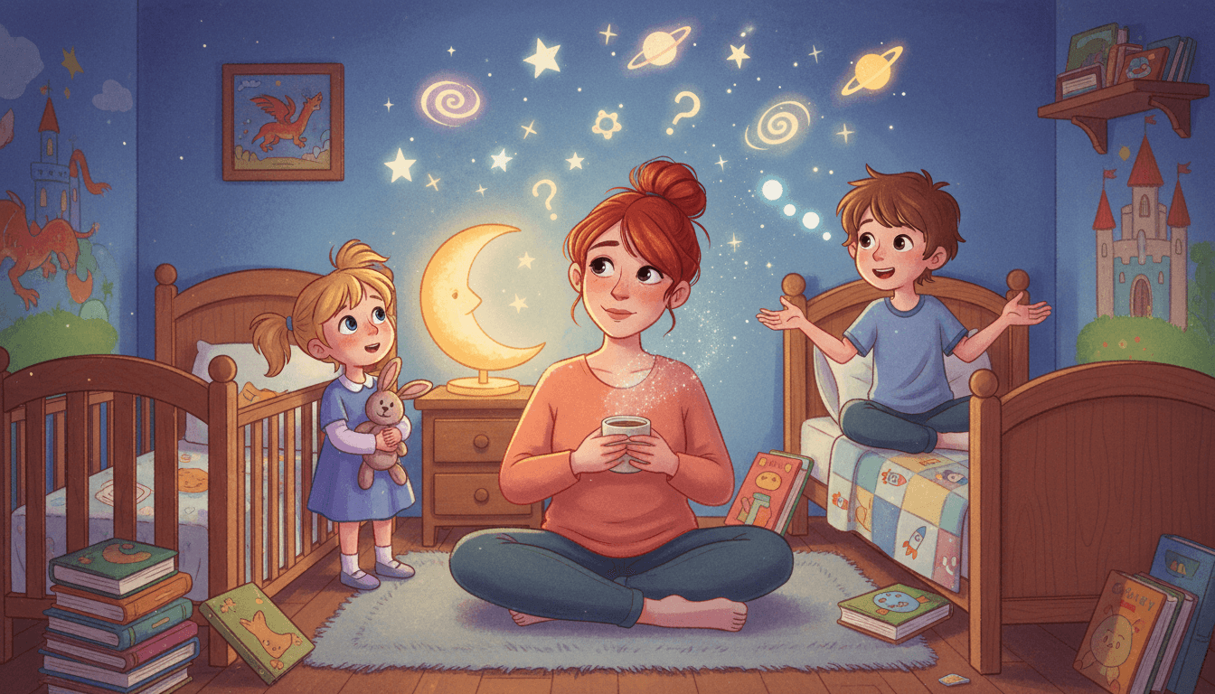 Mãe exausta sentada no chão entre duas camas à noite, segurando uma caneca, enquanto uma criança pequena no berço e um menino de 8 anos estão bem despertos. Símbolos brilhantes de estrelas e balões de pensamento flutuam no ar, representando a atividade cerebral das crianças em contraste com o cansaço da mãe.