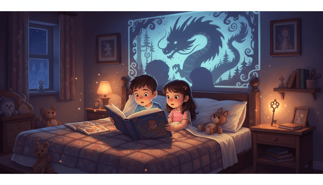 Ilustración acogedora de un niño y una niña pequeña sentados en una cama leyendo un libro mágico, con sombras proyectadas en la pared que forman un dragón y un bosque, estilo cuento de hadas.