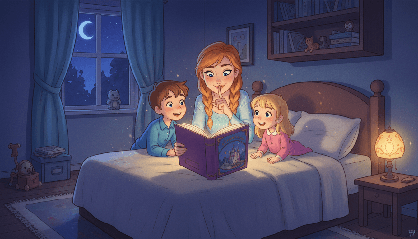 Mãe sorrindo e fazendo sinal de silêncio enquanto fecha um livro de histórias para seus dois filhos pequenos em um quarto aconchegante iluminado por uma luminária quente.