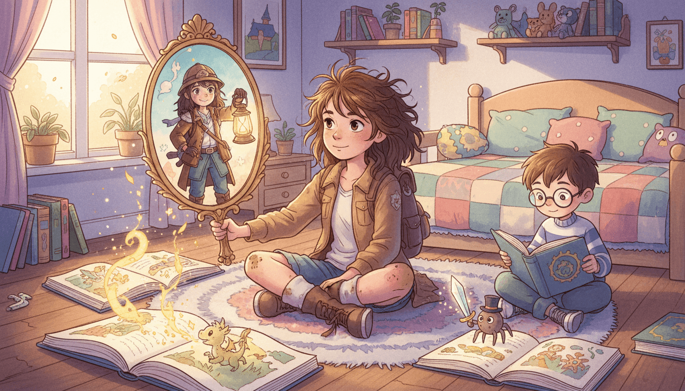 Ilustrace vřelého dětského pokoje, kde se malá dívka dívá do kouzelného zrcadla a vidí svůj odraz jako odvážné průzkumnice s lucernou, zatímco vedle ní chlapec dostává od pavoučka v klobouku meč z oživlé knihy.