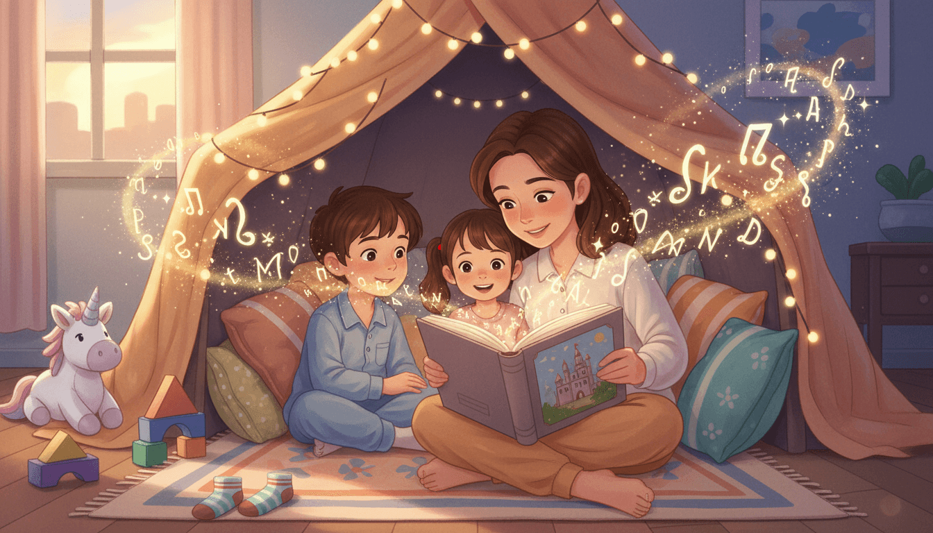 Útulná digitálna ilustrácia mamy čítajúcej rozprávku svojim dvom deťom v bunkri z vankúšov a prikrývok v obývačke pri tlmenom svetle, s magickými písmenami stúpajúcimi z knihy.