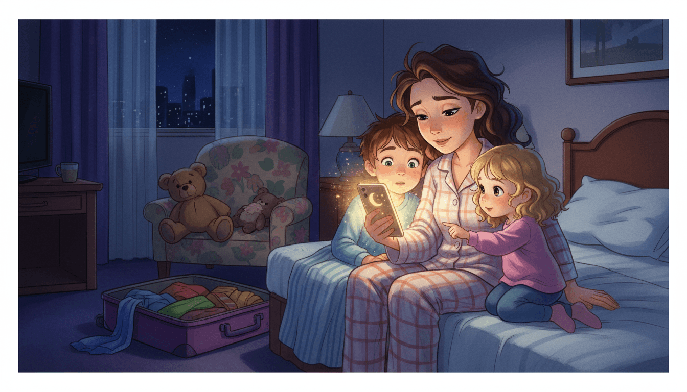 Een vermoeide moeder zit op een hotelbed met haar twee kinderen in een sfeervolle, donkere kamer en leest een digitaal bedtijdverhaal voor op een oplichtende smartphone.
