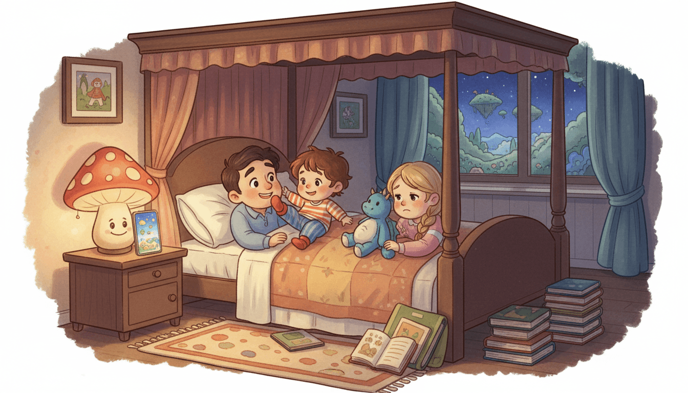 A cozy, humorous bedroom scene depicting a 'Sleep Sandwich' with a toddler sprawled horizontally in the center of a large bed while two parents are squeezed to the mattress edges. The room is dimly lit by a soft lamp, showing a glowing smartphone with a storybook on the nightstand and the child holding a plush toy.