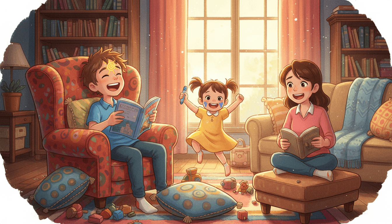 Moderní ilustrace útulného obývacího pokoje, kde se osmiletý chlapec směje nad komiksem se sluníčkem nakresleným fixou na čele, zatímco jeho malá sestra vítězně tančí s fixou v ruce a jejich maminka vše sleduje s vyčerpaným, ale šťastným úsměvem.