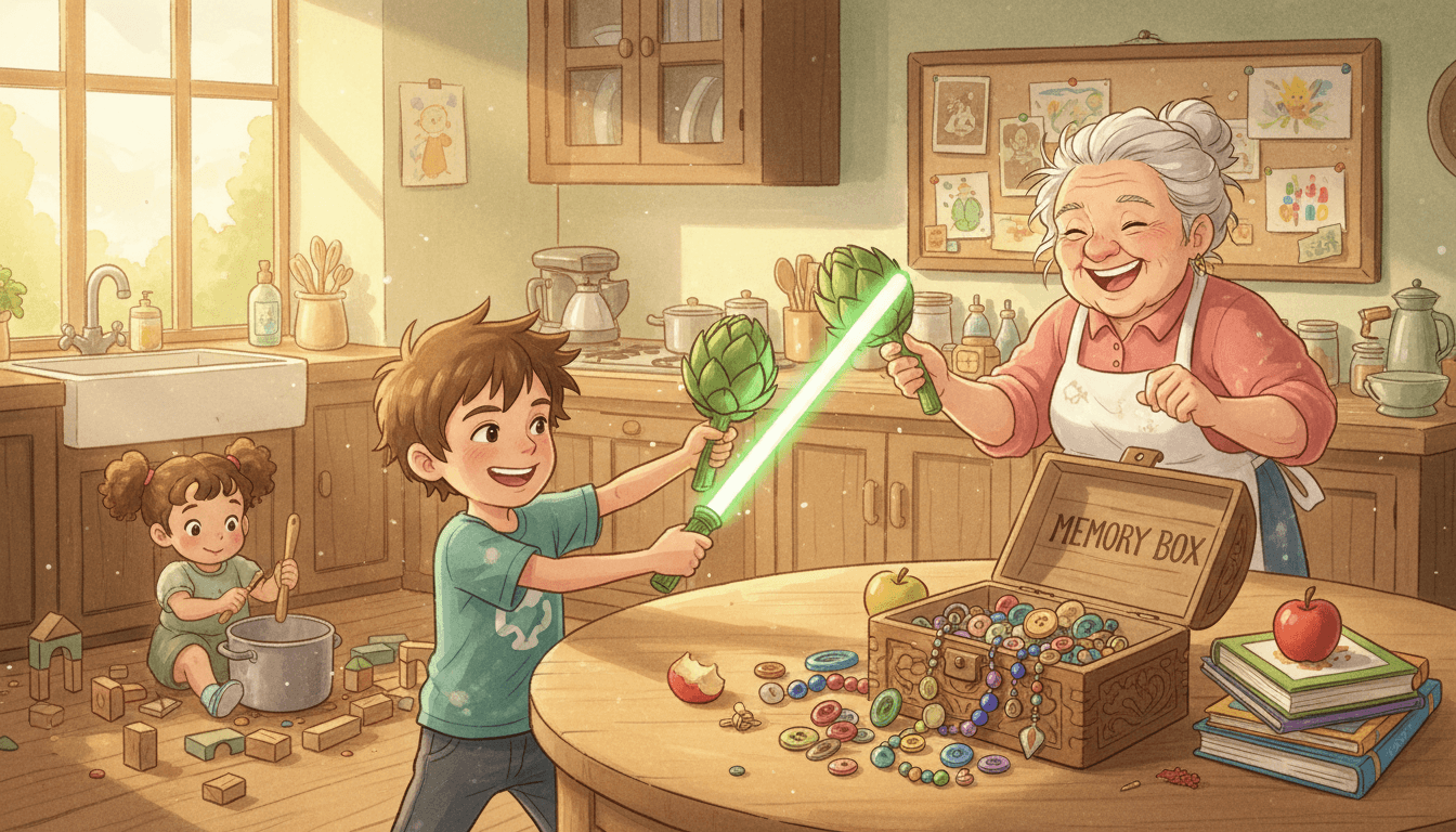 Una nonna sorridente e un bambino che gioca a duellare con i carciofi come spade laser in una cucina accogliente, con una bambina piccola che gioca con pentole e cucchiai sullo sfondo, inondata dalla luce dorata del pomeriggio.