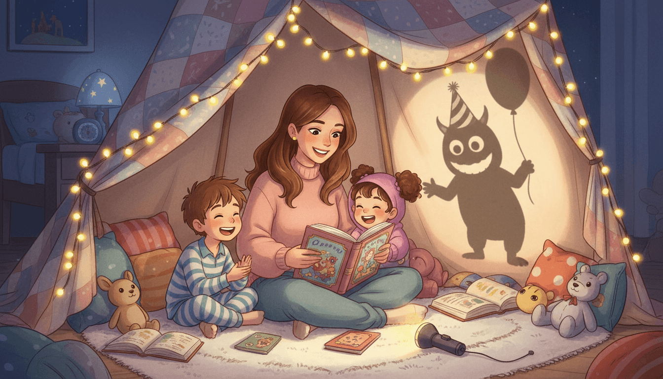 Een gezellige binnenscène 's avonds waarbij een moeder in een dekentent een boek voorleest aan haar twee kinderen, terwijl een zaklamp een grappige monsterschaduw met een feesthoedje op de wand werpt.