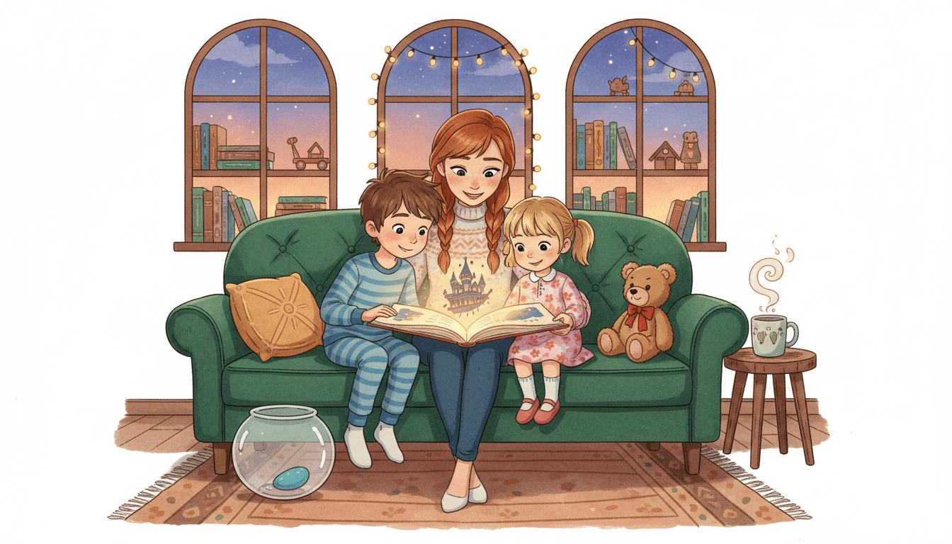Una madre e i suoi due bambini piccoli leggono insieme un libro di fiabe luminoso su un divano accogliente al crepuscolo, con un orsetto di peluche, un acquario vuoto e una tazza di caffè in un'atmosfera calda e intima.
