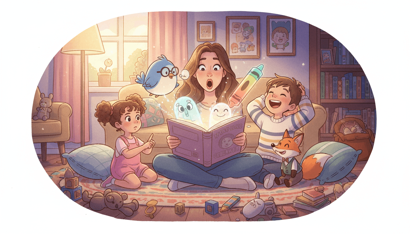 A mother and her two children sit in a cozy living room at dusk, animatedly gossiping over a picture book while faint, glowing, ghost-like storybook characters join the huddle.