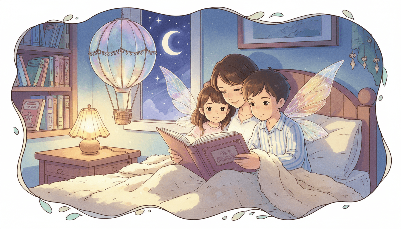 Una madre legge un libro in una camera da letto accogliente con i suoi due figli, una bambina di 3 anni con ali da fata e un bambino di 8 anni in pigiama, avvolti in una calda luce dorata e una coperta di lana.