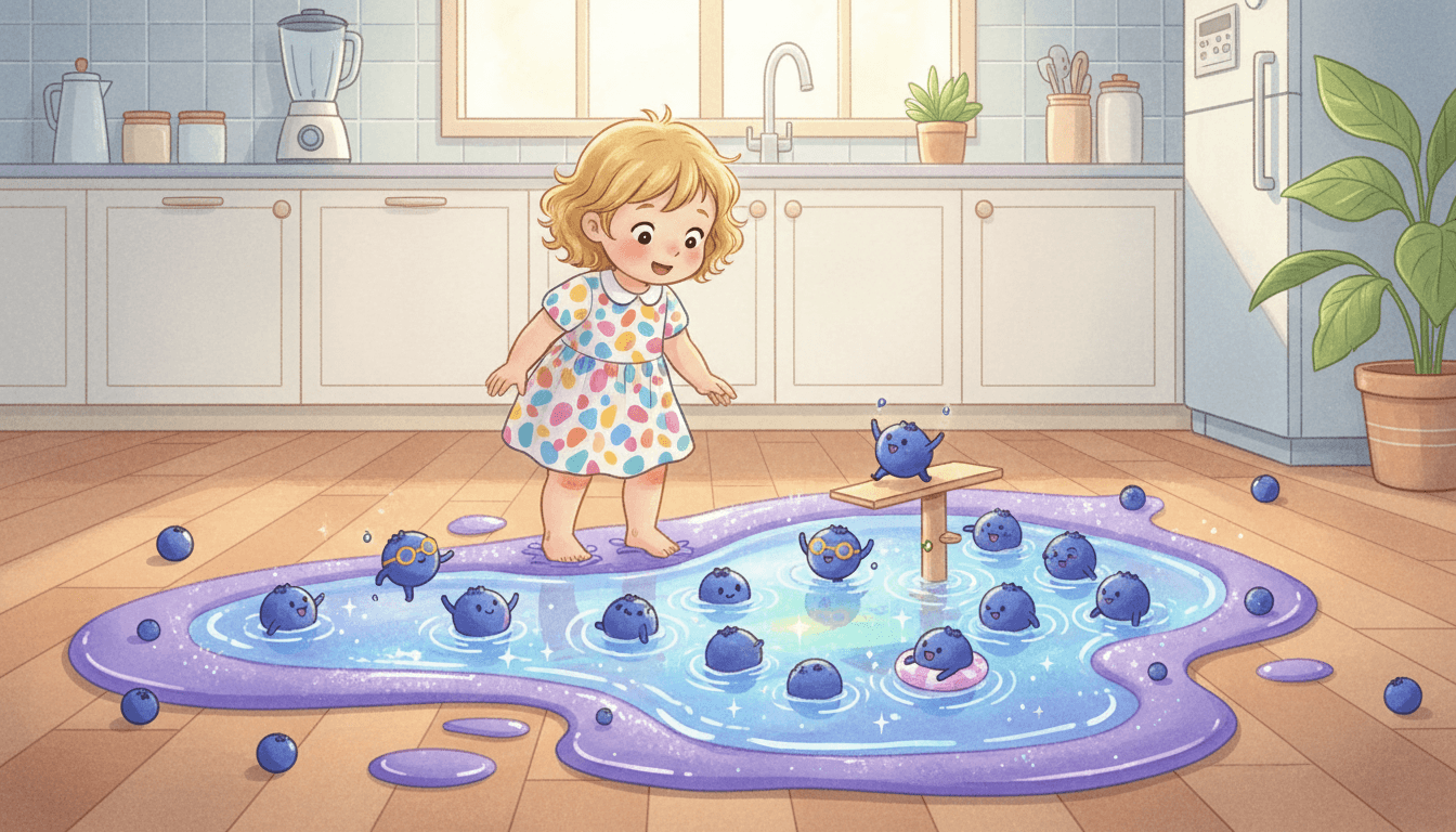 A whimsical storybook illustration of a toddler girl in a modern kitchen looking at a spilled purple smoothie that has magically turned into a sparkling blue swimming pool filled with cute cartoon blueberries wearing swim goggles and inner tubes.