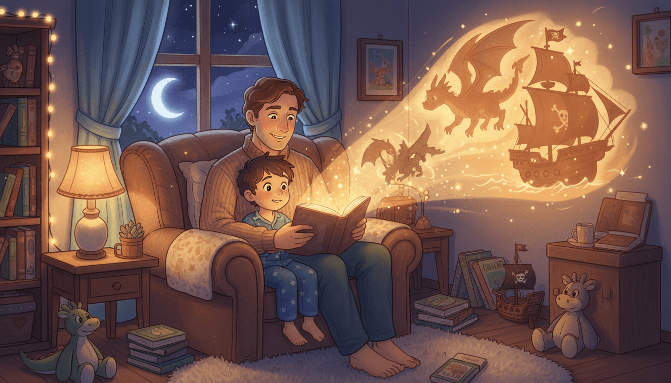 Pai e filho sentados em uma poltrona em um quarto aconchegante à noite, lendo um livro mágico do qual emergem projeções de sombras de um dragão e um navio pirata na parede.