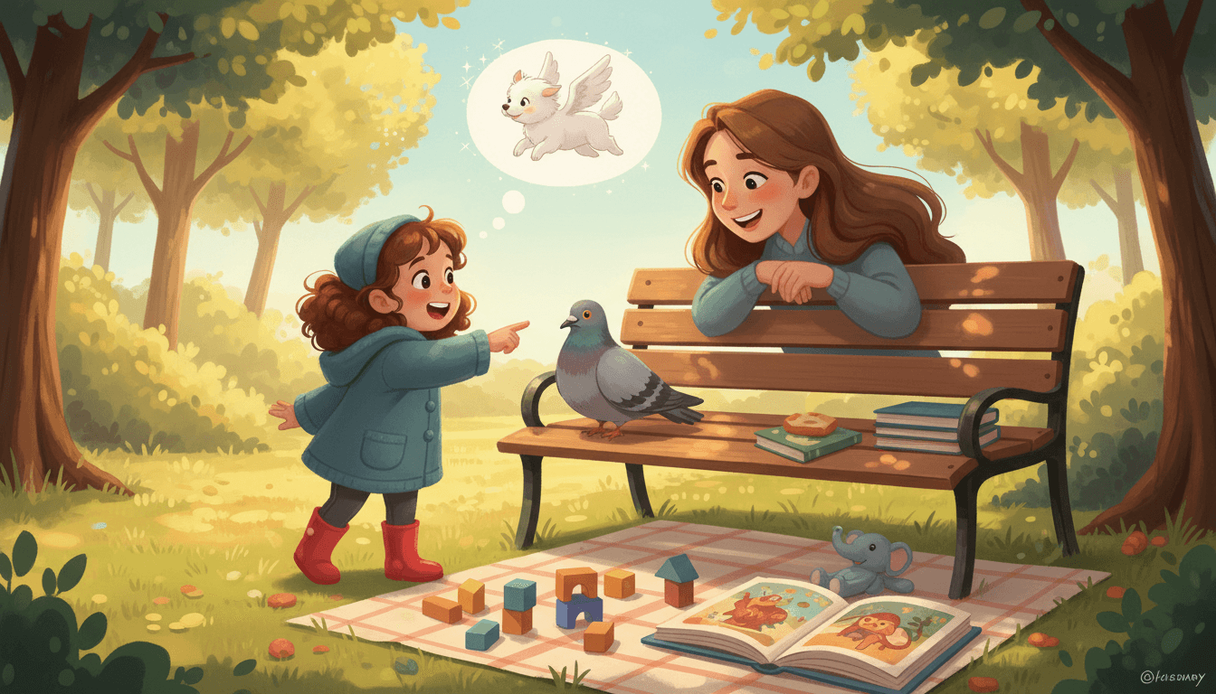 Illustrazione pittorica e calorosa di una bambina di 3 anni che indica eccitata un piccione in un parco, mentre la mamma sorride. Sopra il piccione appare una nuvoletta immaginaria con un cane alato, circondata da giocattoli e un libro illustrato su una panchina in un momento gioioso d'infanzia.