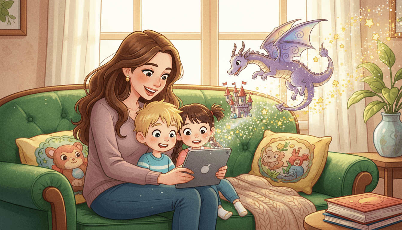 Uma mãe sentada em um sofá aconchegante com seus dois filhos pequenos, encantados com um tablet de onde saem elementos mágicos em 3D, como um dragão e um castelo, criando uma atmosfera de aprendizado e fantasia em uma sala com iluminação suave e quente.