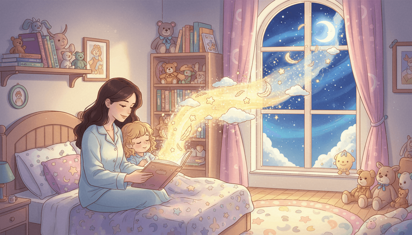 Een gezellige, sfeervol verlichte kinderkamer 's nachts waar een moeder een magisch voorleesboek leest aan haar twee kinderen, met zwevende veren en sterren die uit de pagina's komen richting een dromerige nachthemel.