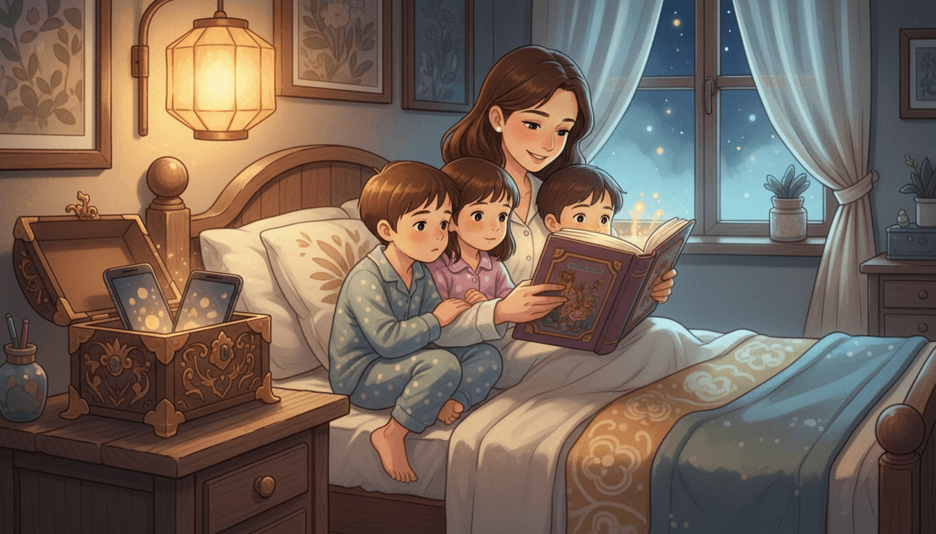 Уютная спальня вечером: мама читает книгу детям при мягком свете фонарика, на тумбочке деревянный ящик для гаджетов в стиле «цифровой закат».