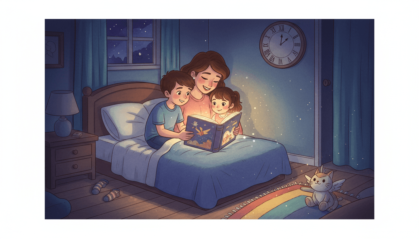 Eine Mutter liest ihren zwei Kindern in einem gemütlichen Schlafzimmer bei warmem Licht aus einem leuchtenden Märchenbuch vor.