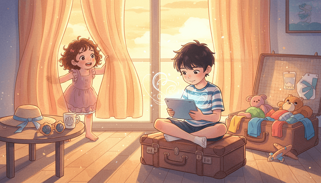 Une scène de vacances chaleureuse dans un Airbnb au coucher du soleil, montrant une petite fille de 3 ans jouant à cache-cache derrière les rideaux et un garçon de 8 ans assis sur une valise, lisant calmement sur une tablette lumineuse. Ambiance de voyage avec des valises ouvertes et une lumière dorée.