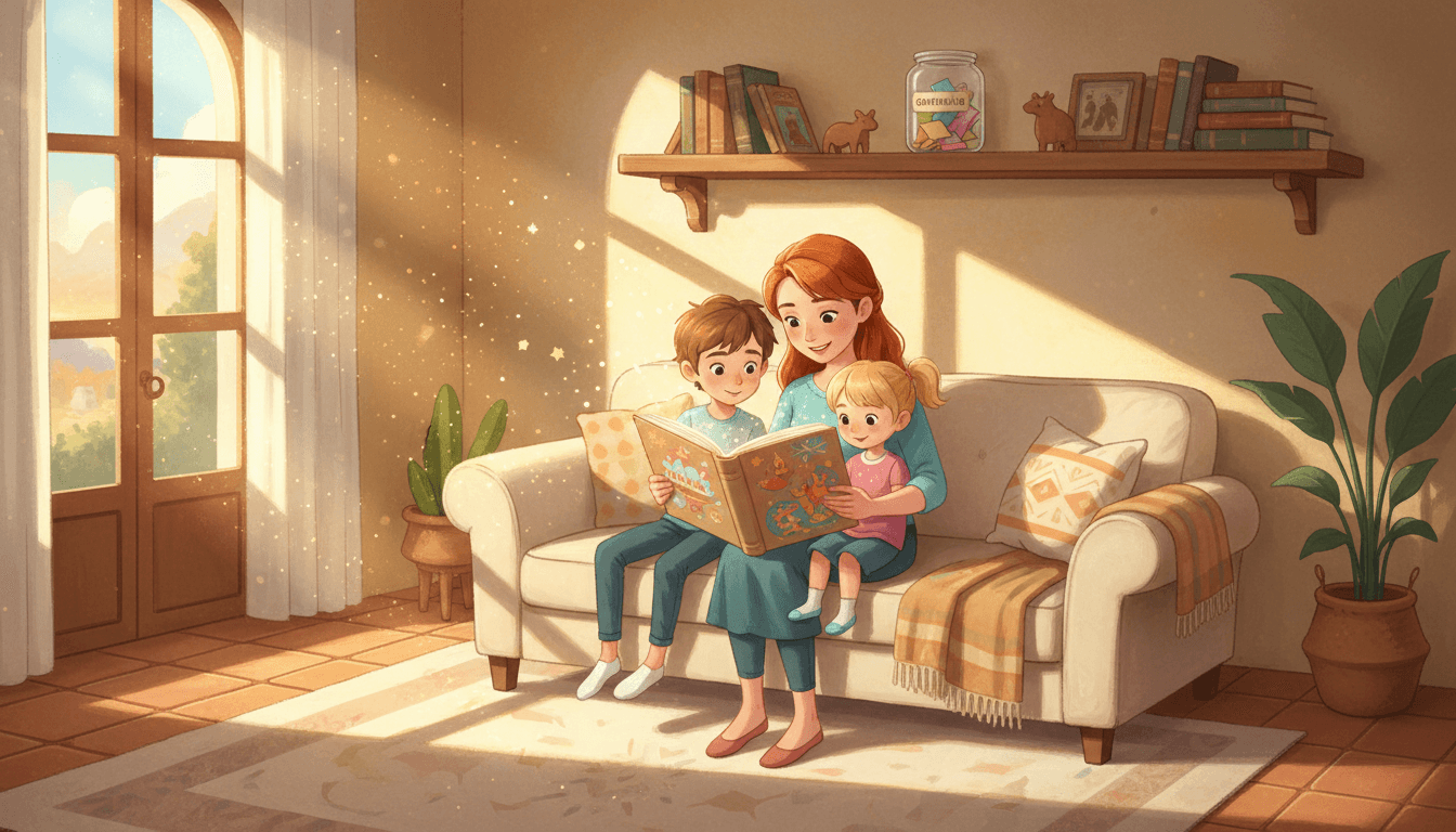 Digitální ilustrace útulné rodinné scény u čtení knihy za soumraku; matka s dětmi na pohovce, společně sledují zářící knihu v hřejivě osvětleném obývacím pokoji s lahví vděčnosti v pozadí.