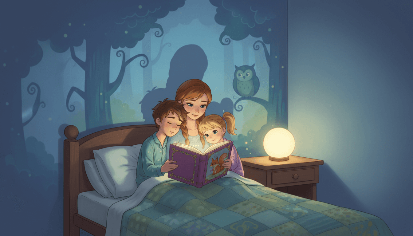 Útulná ložnice s tlumeným osvětlením, kde maminka předčítá dětem z knihy u noční lampičky, zatímco stín na stěně tvoří magický les s sovou.
