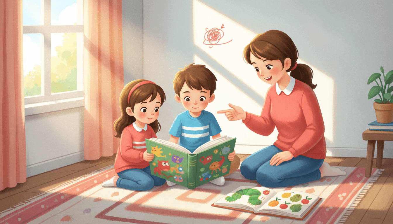 Een gezellige, zonovergoten woonkamer waar een jong meisje en een oudere jongen op een vloerkleed samen een kleurrijk prentenboek lezen, met een glimlachende moeder die naar de plaatjes wijst; op de achtergrond is een kleine rode kleurpotloodtekening op de witte muur te zien.