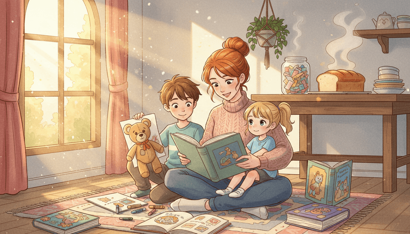 Una madre e i suoi due bambini seduti sul pavimento di una cucina accogliente inondata di luce solare, circondati da libri aperti e un barattolo di vetro con biglietti colorati, mentre leggono e disegnano insieme in un'atmosfera serena.