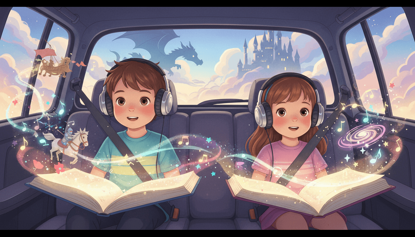 Deux enfants dans une voiture imaginant un monde magique avec un dragon, des châteaux et des notes de musique s'échappant de leurs casques audio.