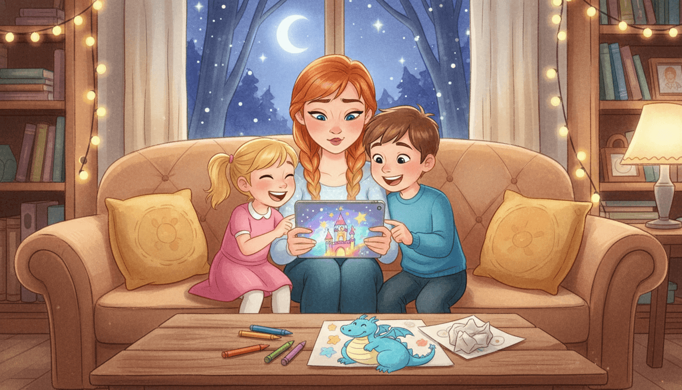 Uśmiechnięta mama siedzi na kanapie z dwojgiem dzieci, wspólnie oglądając coś na tablecie w przytulnym salonie. Mama gestykuluje, naśladując postać z ekranu, co wywołuje śmiech u 8-letniego syna i 3-letniej córki. Na stoliku kawowym przed nimi leży rysunek niebieskiego smoka i kredki, łącząc zabawę cyfrową z tradycyjną w ciepłej, domowej atmosferze.